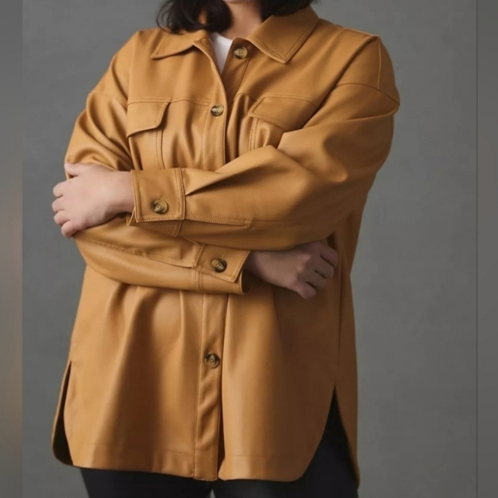 Anthropologie Maeve Faux Leather Shacket Camel Tan Button Front Jacket NWT Large - Picture 6 of 16